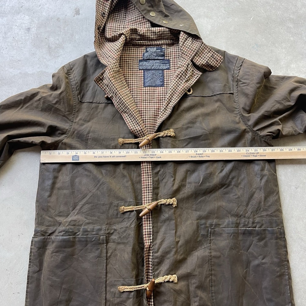 Vintage Polo Ralph Lauren Duffle Coat Vintage Brown Oil Tin Cloth Waxed Large - Picture 4 of 9
